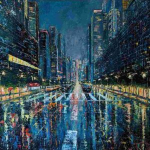 A vibrant cityscape is depicted under a stormy sky with streaks of rain adding dynamism to the scene. Tall buildings line the streets, and reflections shimmer on the wet road surface, creating a scene bursting with energy and color.