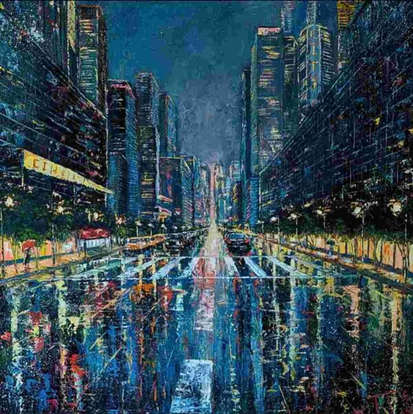 A vibrant cityscape is depicted under a stormy sky with streaks of rain adding dynamism to the scene. Tall buildings line the streets, and reflections shimmer on the wet road surface, creating a scene bursting with energy and color.